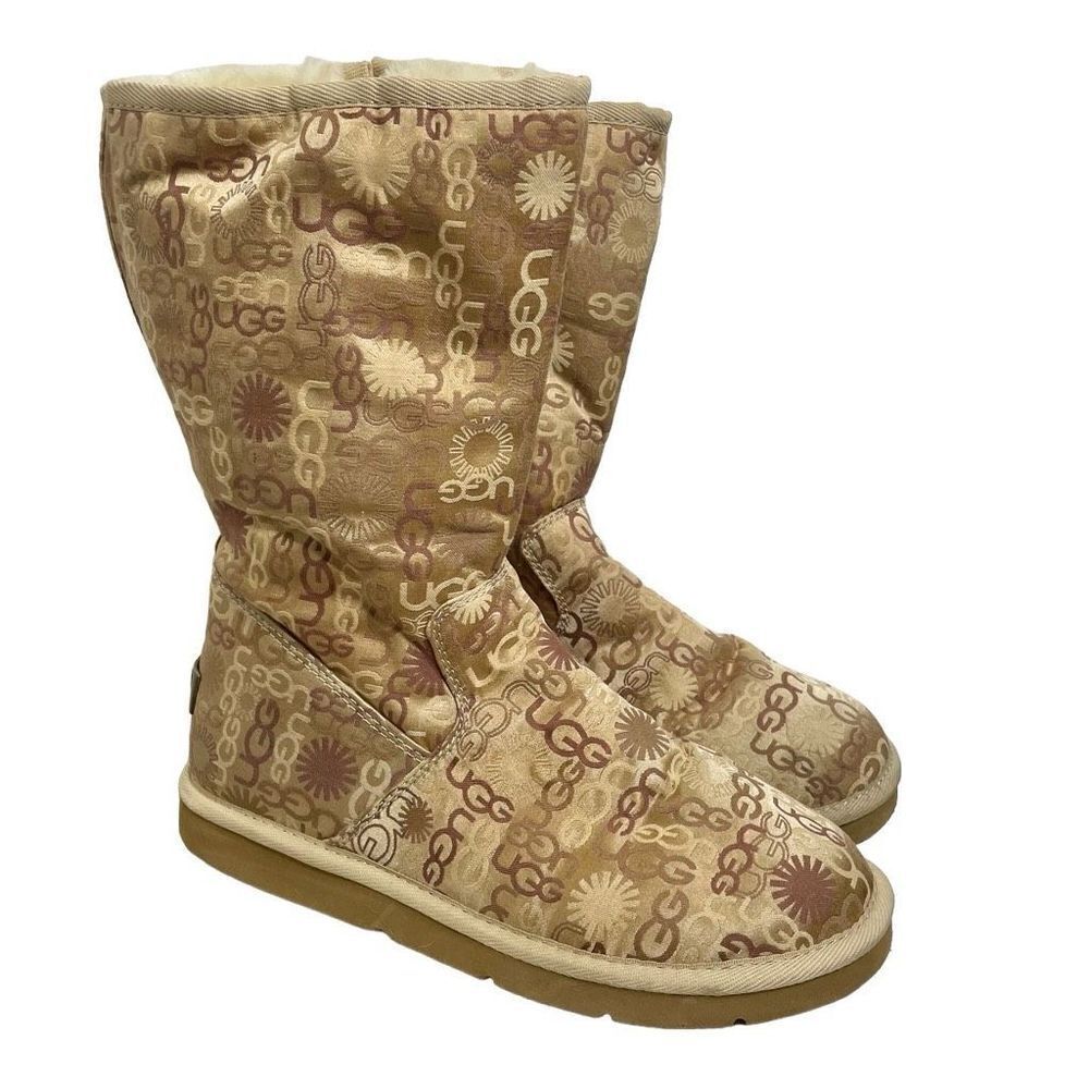 UGG Classic Tall 5515 Monogrammed Logo Metallic Gold Leather‎ Winter Boots Zip 8